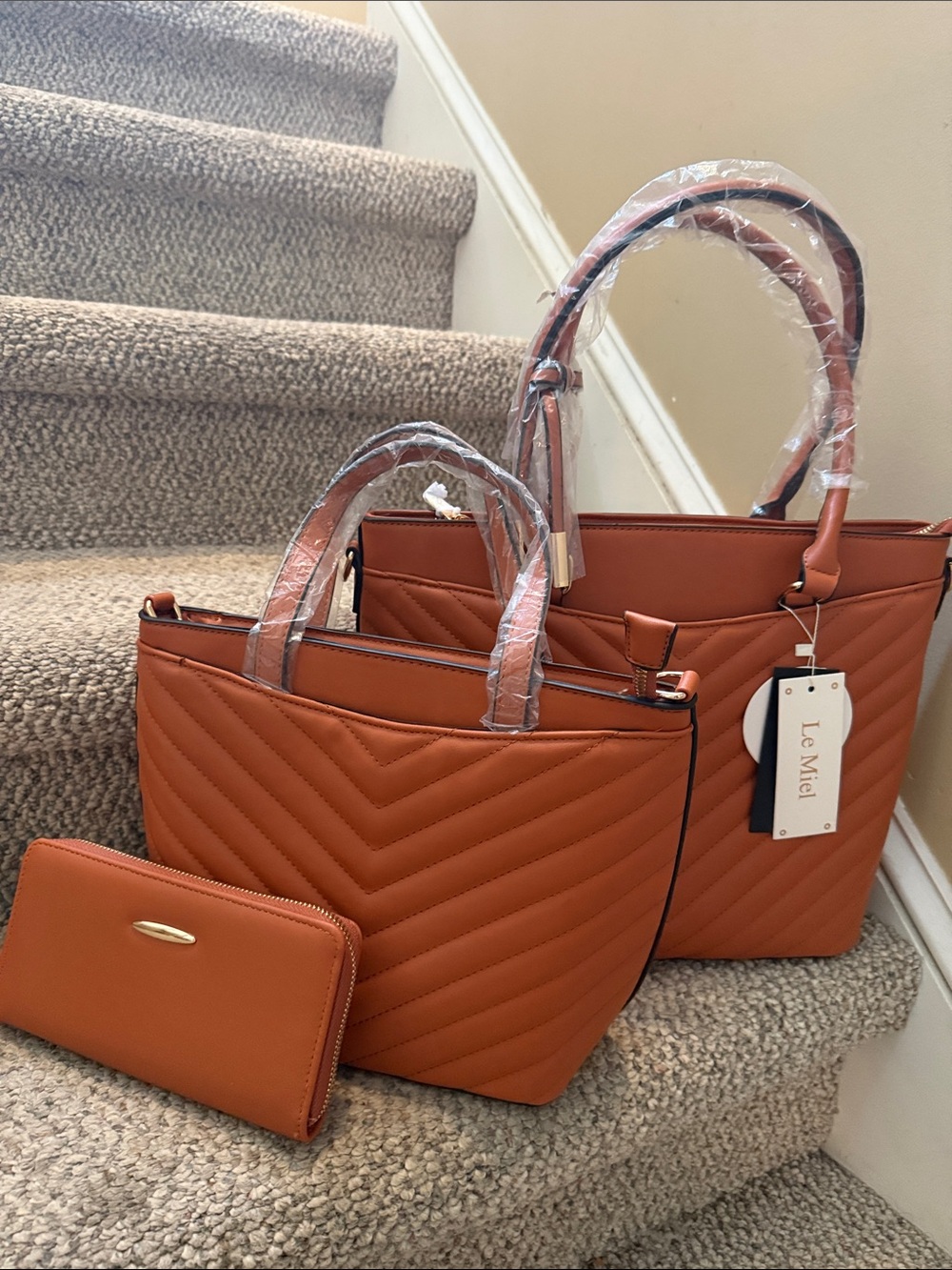 3pc  Quilted Tote and Wallet Set in Cognac